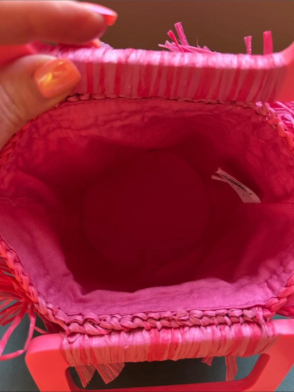 JCrew Woven Bright Pink Raffia Fringe Handbag with Acrylic Handles 🎀